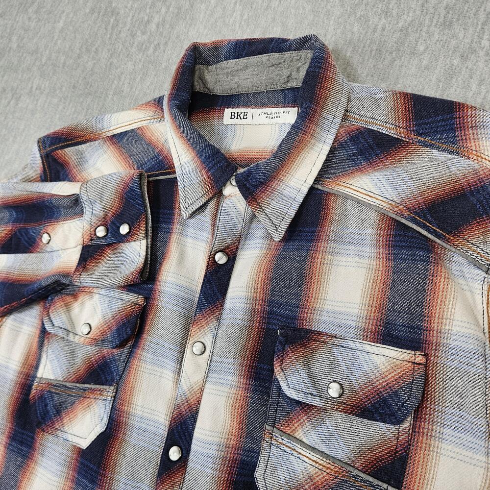 BKE Shirt Mens XL Blue Plaid Snap Button Flannel Western Athletic Fit